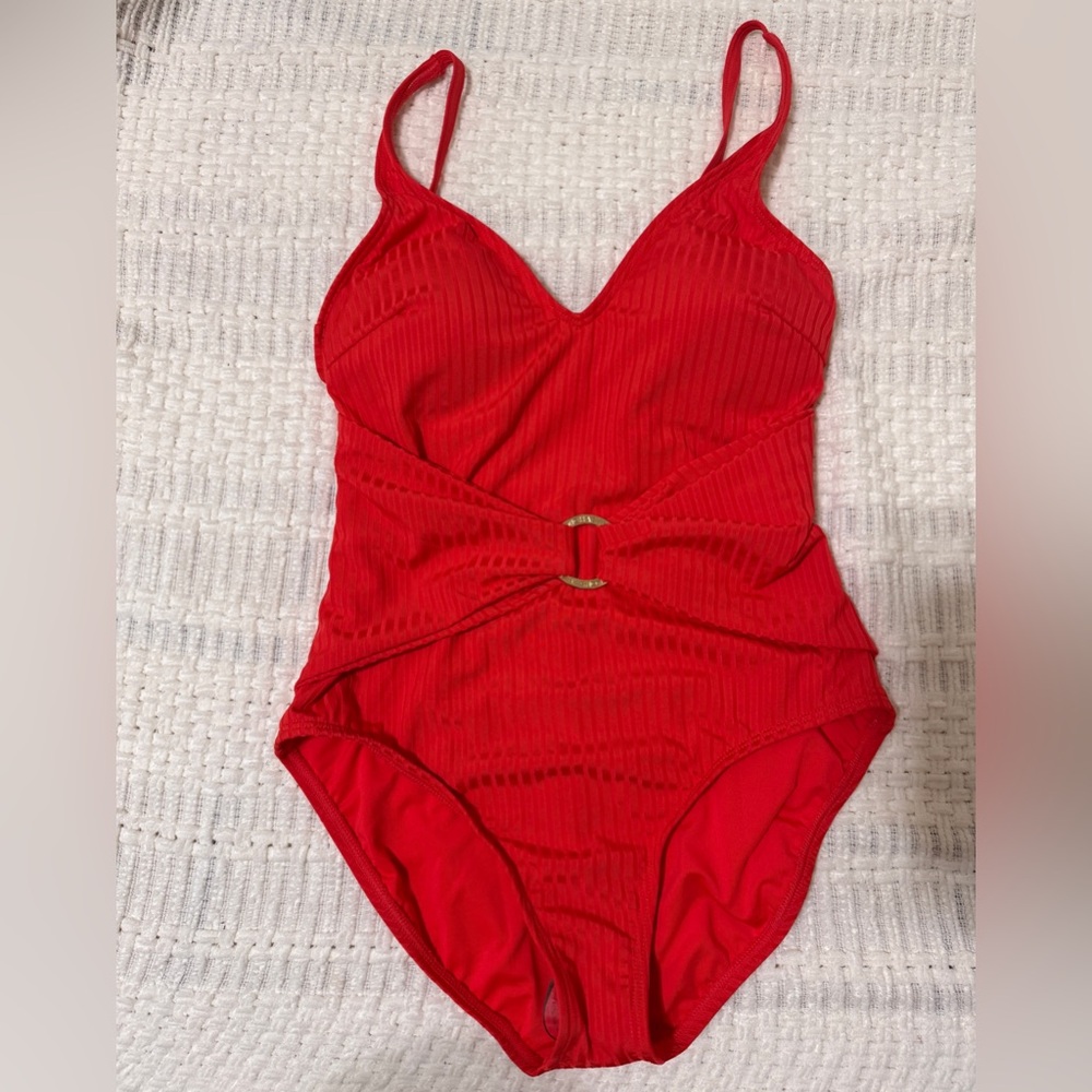Michael Kors Ribbed Sash Ring One-piece Swimsuit Orange Size 8